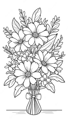 a bouquet of flowers in a vase coloring page