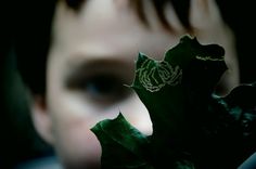 a close up of a person holding a plant in front of their face and looking at the camera