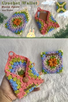 the crochet wallet is made with two different colors and has a flower on it