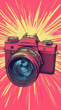 a digital camera on a pink background with yellow and red rays coming out from behind it