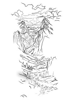 a black and white drawing of mountains