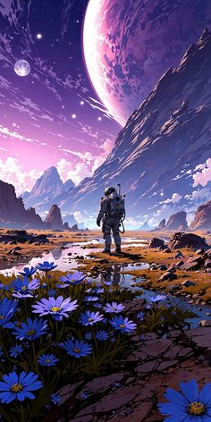 an image of a space station with flowers in the foreground and mountains in the background