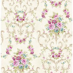 an old fashioned wallpaper with pink and blue flowers on white background, including roses