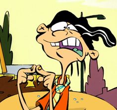 a cartoon character with long black hair and an orange dress