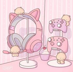 a pink kitty themed room with headphones and cupcakes