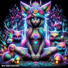 a woman sitting on the ground surrounded by cats and other animal figures in neon colors