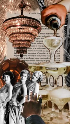 the collage shows people in dresses and chandeliers with champagne glasses on them