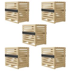 four wooden crates with black straps on each side and one in the middle, set against a white background