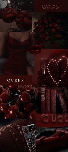 a collage of red images with the words queen written on them in cursive letters