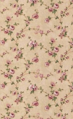 an old fashioned wallpaper with pink flowers and green leaves on the side, in beige background