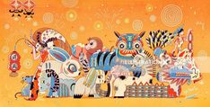 an artistic painting with many different animals on it