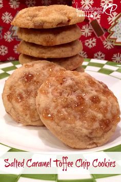 salted caramel toffe chip cookies on a plate