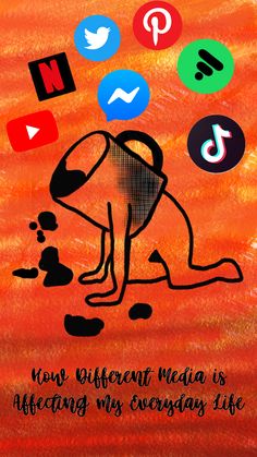 a drawing of a person sitting on the ground with social media icons above it and an orange background