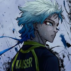 an anime character with blue hair and green eyes