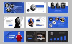 a set of presentation templates with blue and black colors, including coffee break images