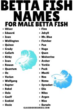 an advertisement for betta fish names in blue and white