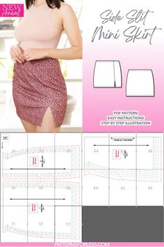 Side Slit Knit Mini Skirt Sewing Pattern Short Skirt Patterns Sewing Free, Mini Skirt Pattern Sewing, Sewing Skirts For Beginners, Skirt Patterns Sewing Free, Mini Skirt Sewing, Mini Skirt Sewing Pattern, Mini Skirt Pattern, Short Skirts Outfits, Skirt Sewing Pattern