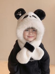 1pc Kids Fluffy Panda Themed 3-In-1 Winter Mask Scarf And Hat, Thickened & Warm, Suitable For Cold Weather Black and White Cute   Fabric  Knit Hat   Kids Accessories, size features are:Bust: ,Length: ,Sleeve Length: Winter Mask, Knitted Hats Kids, Scarf And Hat, Knit Beanie Hat, Baby Winter, Kids Hats, Kids Sleepwear, Ear Warmers, Knit Hat