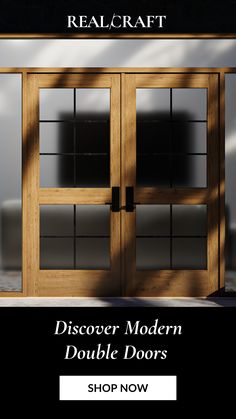 an advertisement for a modern double door storefront with the words,'discovery modern double doors