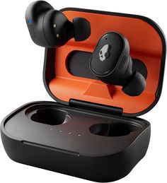 an orange case with two black earphones in it