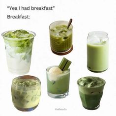 there are different types of drinks in the cups on this page, including green tea