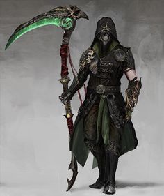 a man dressed in black holding two green swords