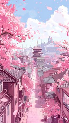 an image of a city with cherry blossoms on the trees