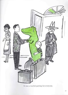 a man in a suit and hat is shaking hands with a crocodile on a suitcase