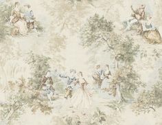 an old wallpaper with people and trees on it, including one man riding a horse