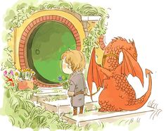 a little boy standing next to a red dragon