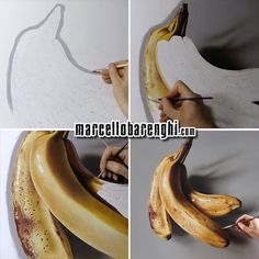 three pictures of bananas being drawn with marker on paper and then painted to look like an angel's wing