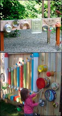 there are two pictures of a child playing with plastic cups and pans on the wall