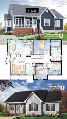 two story house plan with 3 bedroom and 2 bathrooms on the first floor, an open floor