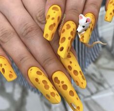 Cheese Nails, Crazy Nail Designs, Crazy Nail Art, Abstract Nail Art, Crazy Nails, Exotic Nails, Simple Nail Art Designs, Latest Nail Art, Yellow Nails