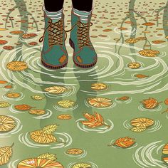 a pair of shoes standing in water with leaves floating on the ground next to them