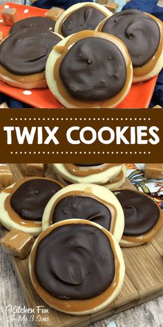 chocolate covered cookies on a tray with the words twix cookies in front of them