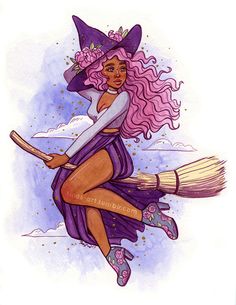 a watercolor painting of a witch flying on a broom with her pink hair and purple dress