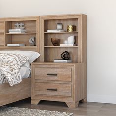 a bedroom with a bed, nightstand and bookcase