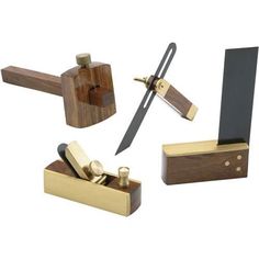 four different types of woodworking tools are shown in this image, including a knife and sharpener