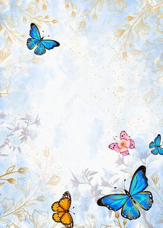 butterflies flying in the sky with gold and blue leaves on it's sides, as well as an empty space for text