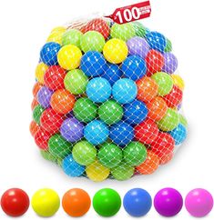 a bag filled with lots of different colored balls in front of each other on a white background