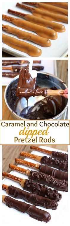 caramel and chocolate pretzel rods are ready to be dipped with melted chocolate