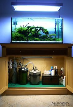 a fish tank sitting on top of a wooden cabinet next to a wall mounted aquarium