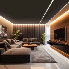 a living room with couches, tables and a television on the wall in it