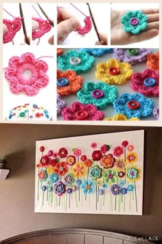 crochet flowers are being displayed on the wall and in front of a bed