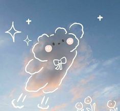 a drawing of a koala flying through the sky with stars and clouds in the background