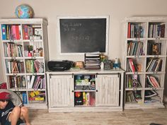 a young boy sitting on the floor in front of a bookcase and chalkboard