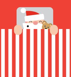 a santa claus peeking out from behind a red and white striped curtain with teddy bears in it