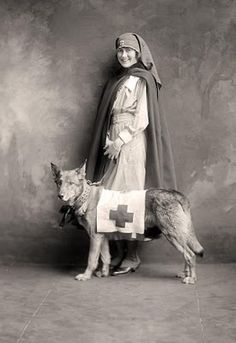 a woman standing next to a dog with a blanket on it's back and a cross on its chest