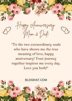 an anniversary card with flowers and hearts